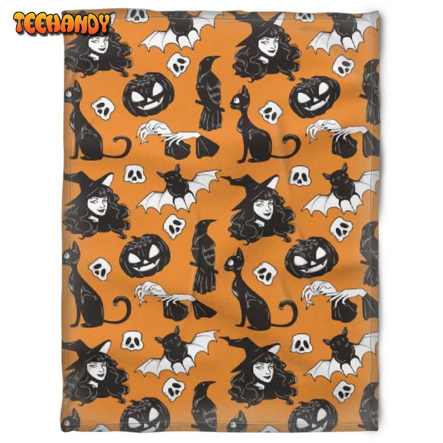 Halloween Black Witch Orange Sherpa Blanket, Halloween Gift