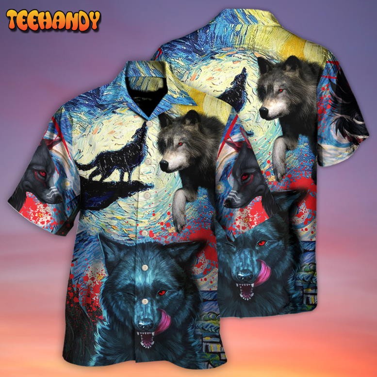 Halloween Black Wolf Crazy Starry Night Blood Art Style Hawaiian Shirt