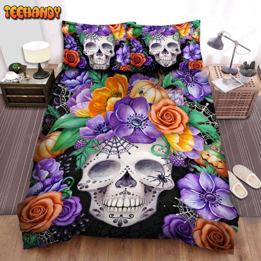 Halloween Calavera Skull With Colorful Flowers Bedding Sets