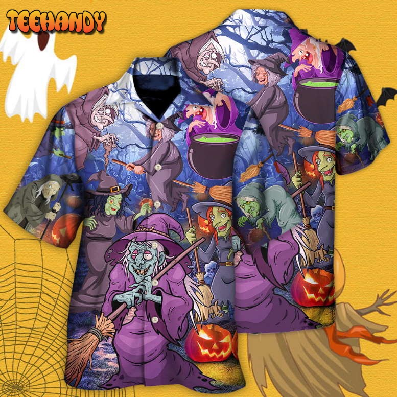 Halloween Funny Witch Pumpkin In The Magic Forest Hawaiian Shirt