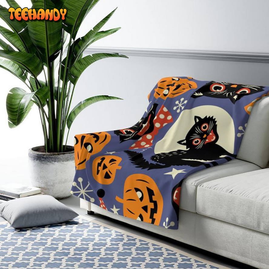 Halloween Scary Cat And Pumkins Sherpa Blanket Halloween Adult Blanket