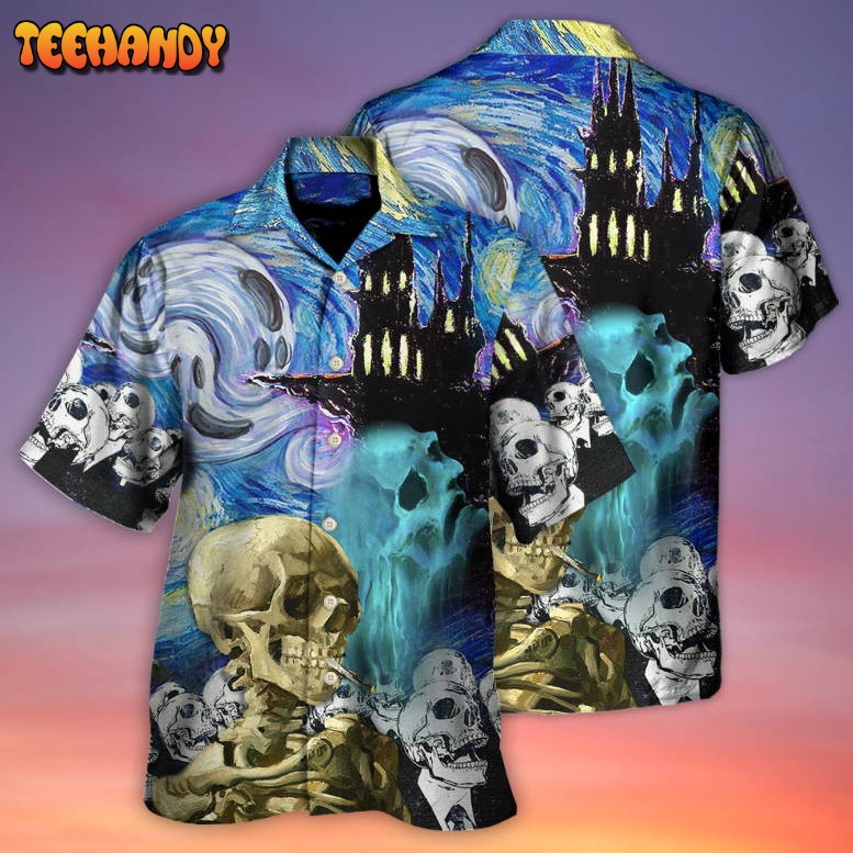 Halloween Skull Smoke Scream Starry Night Funny Boo Art Style Hawaiian Shirt