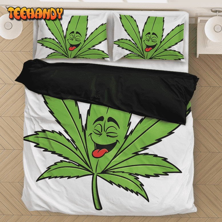 Happy Smiling Weed Leaf Marijuana 420 White Bedding Set