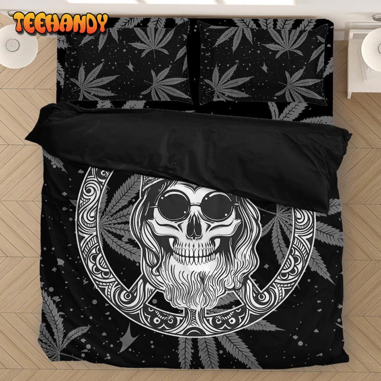 Hippie Skull Marijuana Leaves Pattern Dope Black Bedding Set