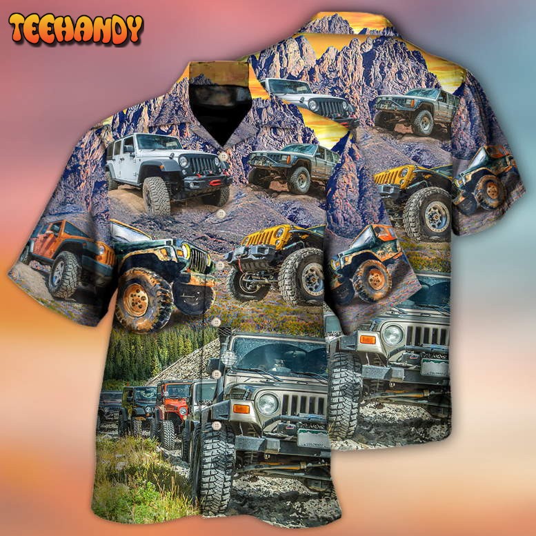 Jeep In The Mountain Sunset Vintage Art Style Hawaiian Shirt