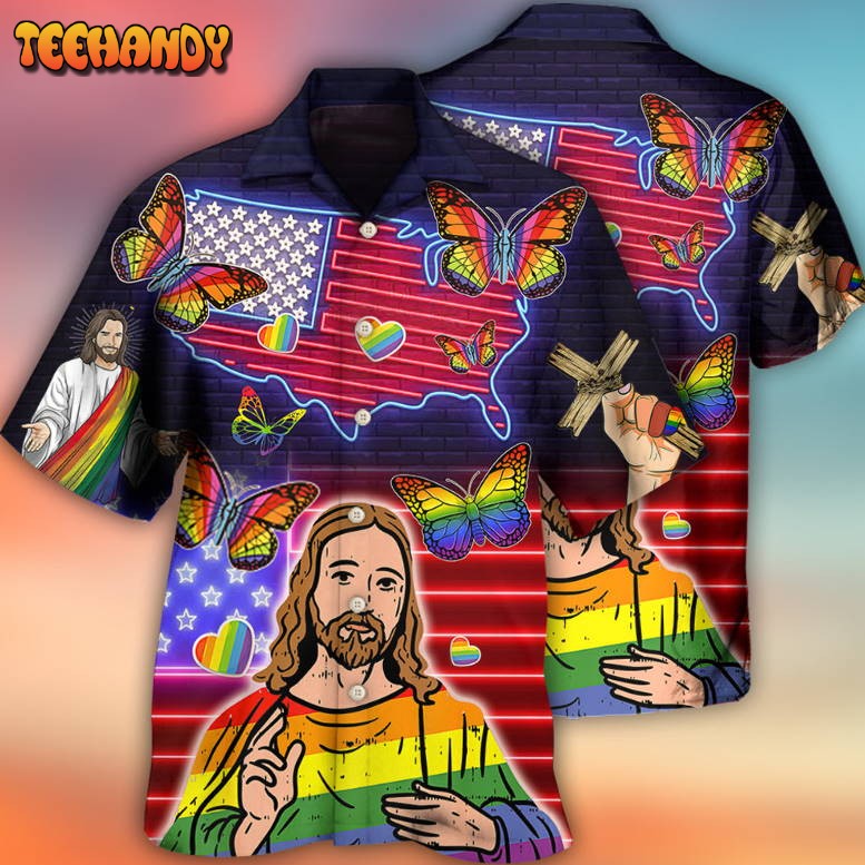 LGBT Independence Day Jesus Butterfly Neon Hawaiian Shirt