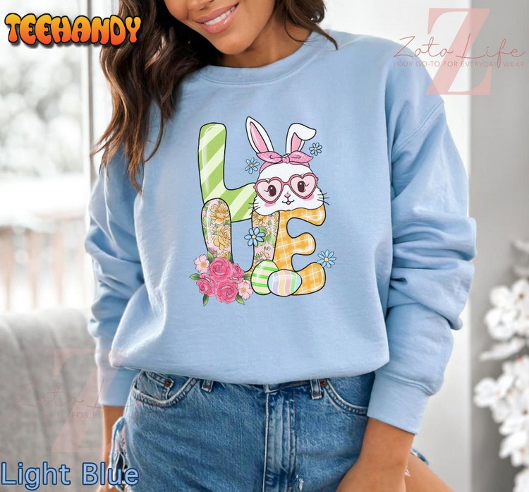 Love Rabbit Easter Hoodie with Flowers and Eggs T-Shirt