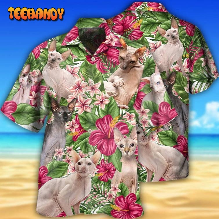 Lovely Sphynx Cat with Tropical Floral Pattern Cat Lovers Hawaii Shirt