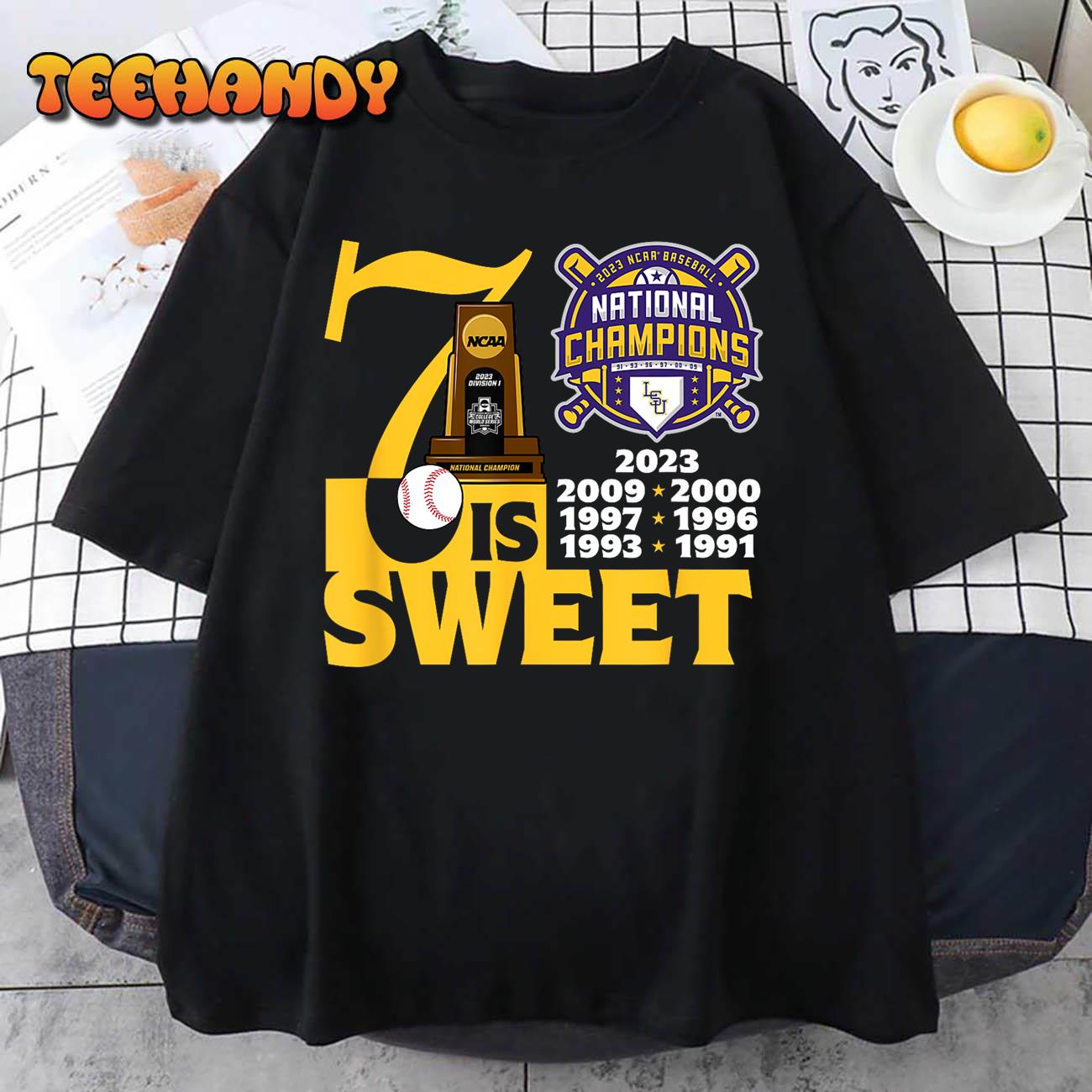 LSU Tigers National Champs 2023 Baseball 7-Time Purple T-Shirt