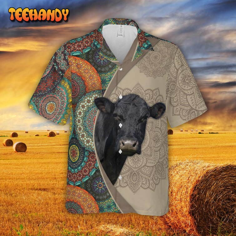 Mandala Pattern Black Angus Hawaiian Shirt Gift For Farmer