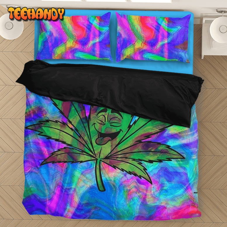 Marijuana Leaf Smiling Trippy Colors Weed 420 Ganja Bedding Set