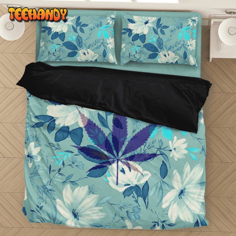 Marijuana Leaf Teal Beautiful Cute Floral Bedding Set