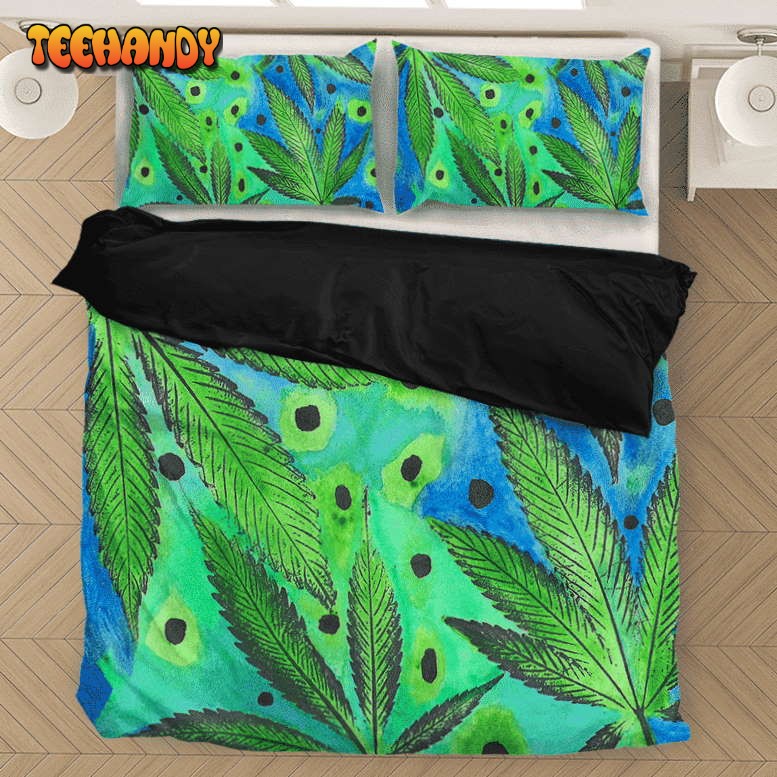 Marijuana Leaves Relaxing Art Green &amp Blue Bedding Set