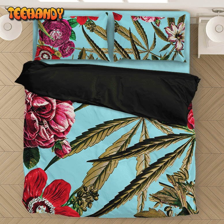 Marijuana Weed 420 Hemp Floral Pattern Sky Blue Bedding Set