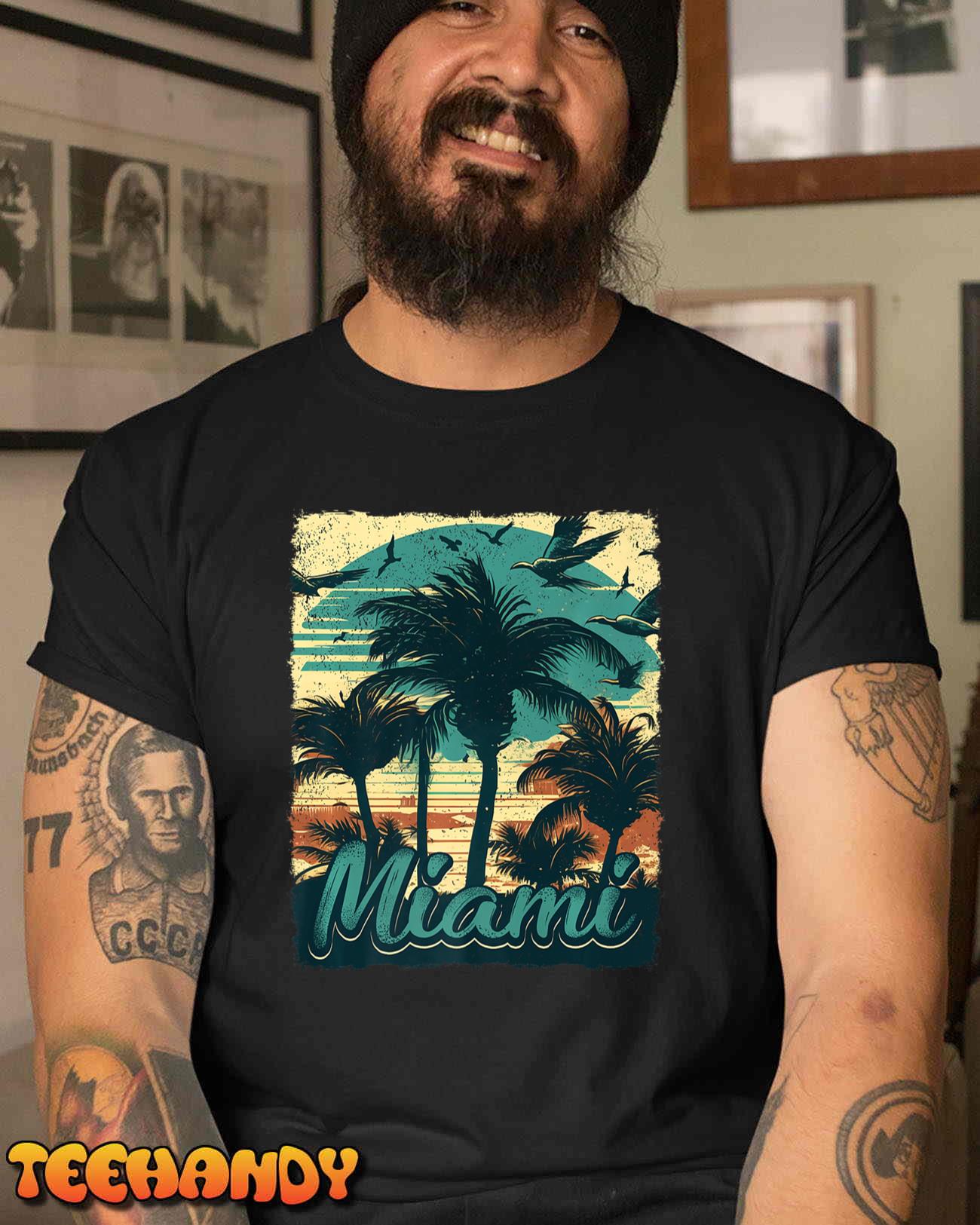 Miami Retro Sunset Florida Vacation Vintage Surfer Palm Tree Premium T-Shirt