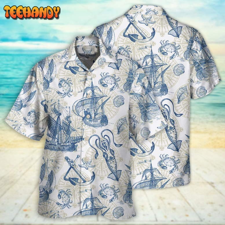 Ocean Life Vintage Sailboat Sea Monster Geographical Maps Hawaiian Shirt