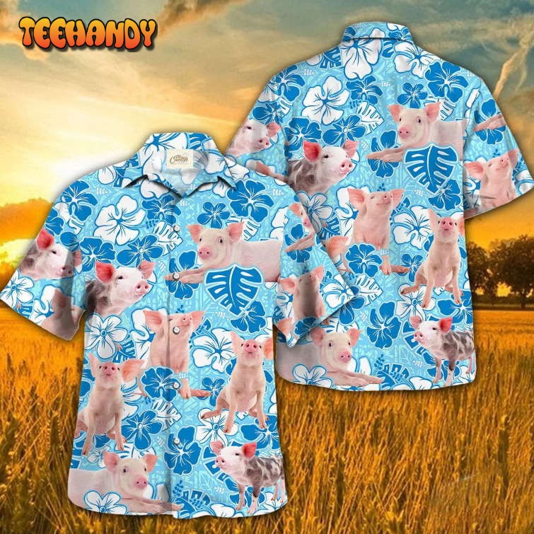 Pig Blue Floral Hawaiian Shirt, Pig Hawaiian Shirt Short Sleeve, Summer Hawaii