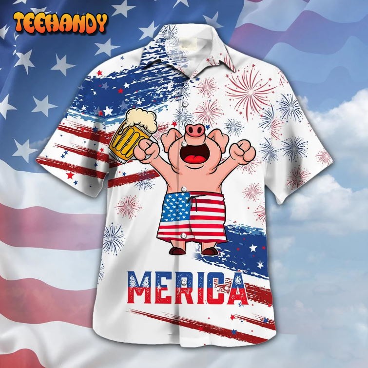 Pig Drink Beer Hawaiian Shirt Funny Merica Pig USA Flag Pattern Hawaii Shirt