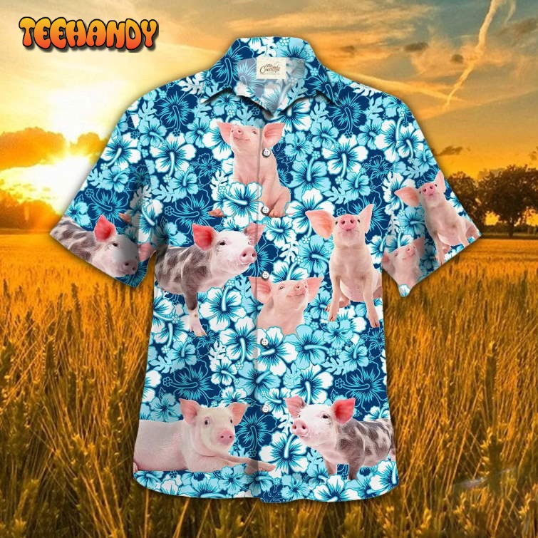 Pig Hawaiian Shirt, Pig Blue Hibiscus Flowers Hawaiian Shirts