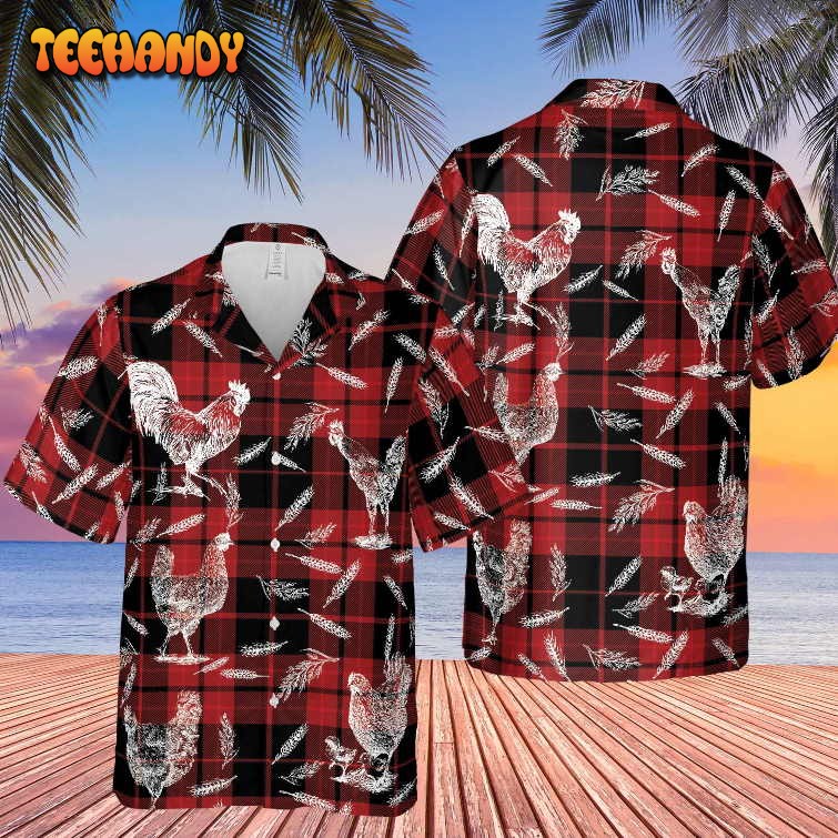 Plaid Pattern Chicken All Over Printed 3D Hawaiian Shirt