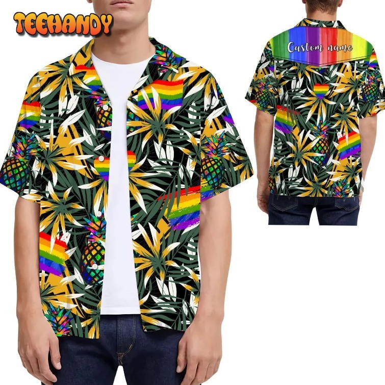 Rainbow Pineapples Tropical Leaves Custom Name Men Hawaiian Shirt