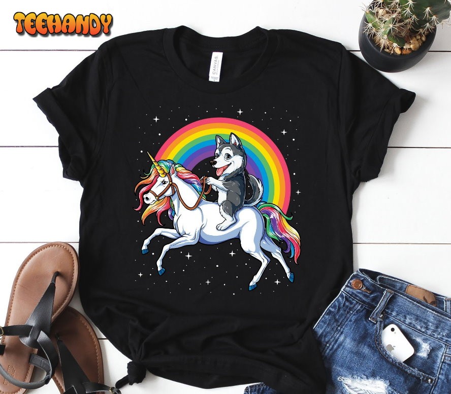 Siberian Husky Riding Unicorn Rainbow Funny T-Shirt