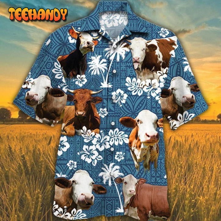 Simmental Cattle Lovers Blue Tribal Pattern Hawaiian Shirt Unisex Print Aloha Short