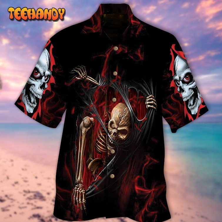 Skeleton Ripped Hawaiian Shirt Red Smoke Skulls Pattern