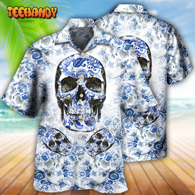 Skull Love Life Blue White Hawaiian Shirt