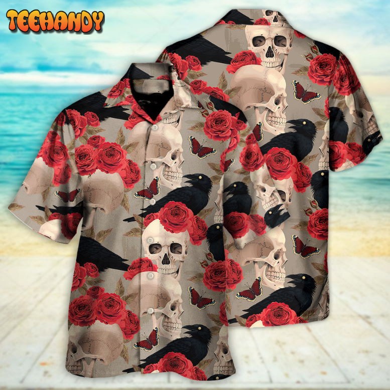 Skull With Rose Flower And Raven Gothic Style Hawaiian Shirt