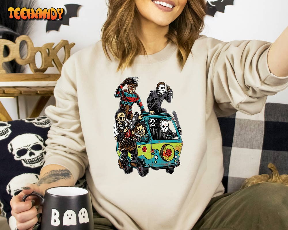 Spooky Halloween Bus Shirt, Horror Movie Characters Shirt