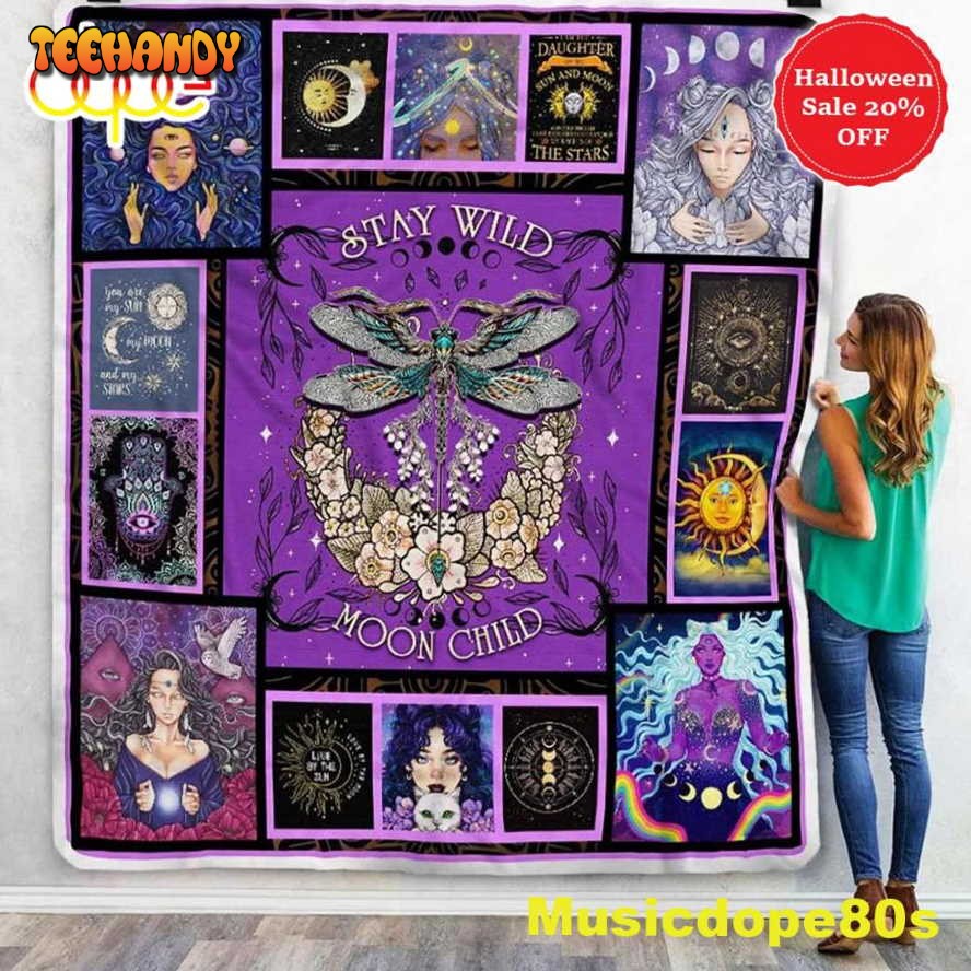 Stay Wild Moon Child Dragonfly Halloween Sofa Fleece Throw Blanket