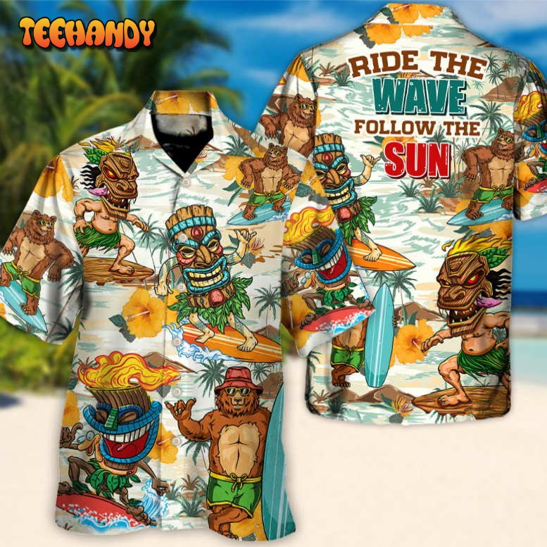 Surfing Funny Bear Tiki Ride The Wave The Sun Lovers Surfing Hawaiian Shirt