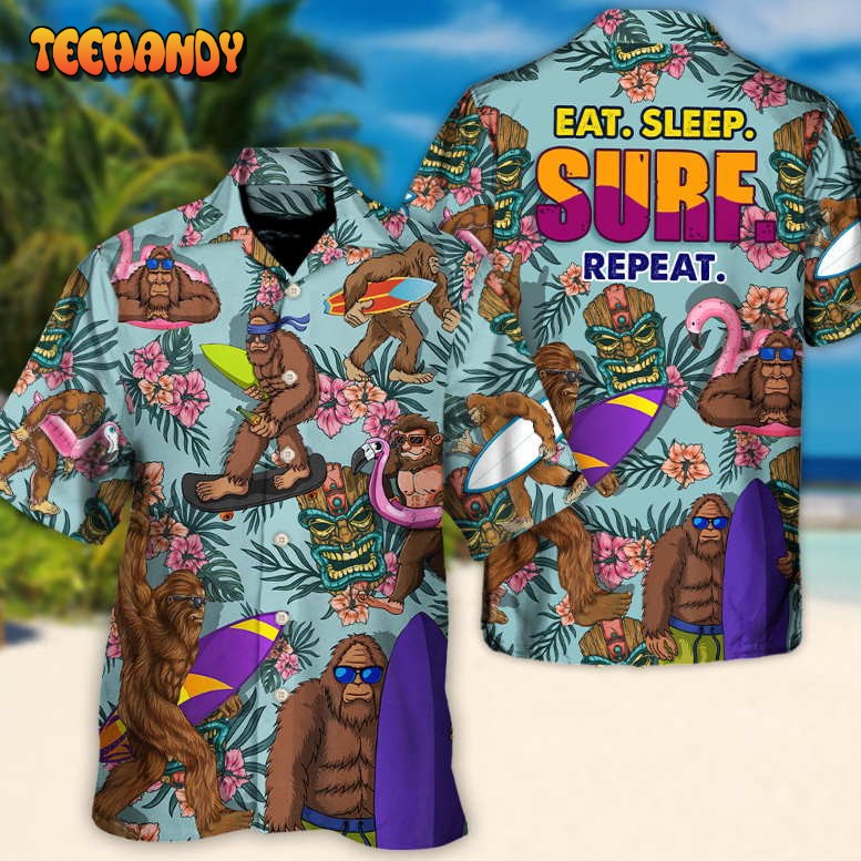 Surfing Funny Bigfoot Eat Sleep Surf Repeat Lovers Surfing Hawaiian Shirt