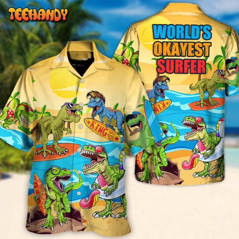 Surfing Funny Dinosaur World’s Okayest Surfer Lovers Surfing Hawaiian Shirt