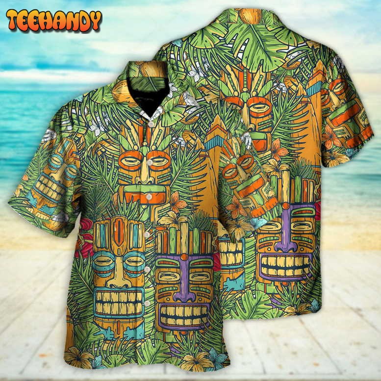 Tiki Mask Tropical Hawaii Sur Board And Palm Leaves Hawaiian Shirt