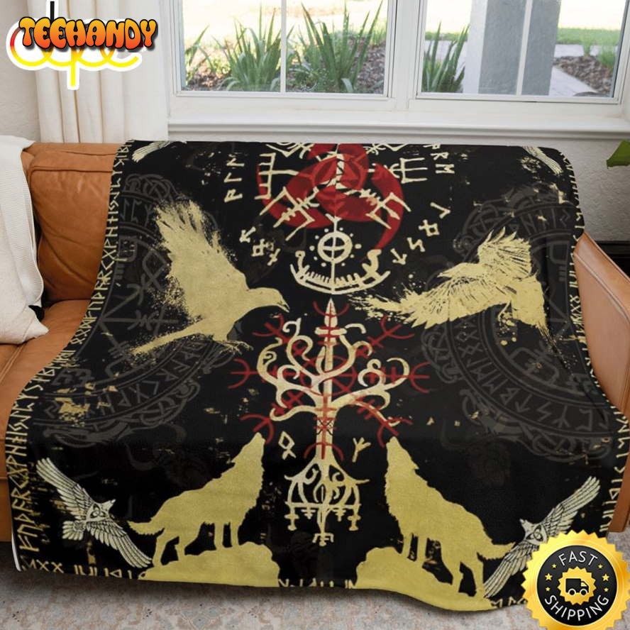 Viking Eagle And Wolves Fleece Throw Blanket