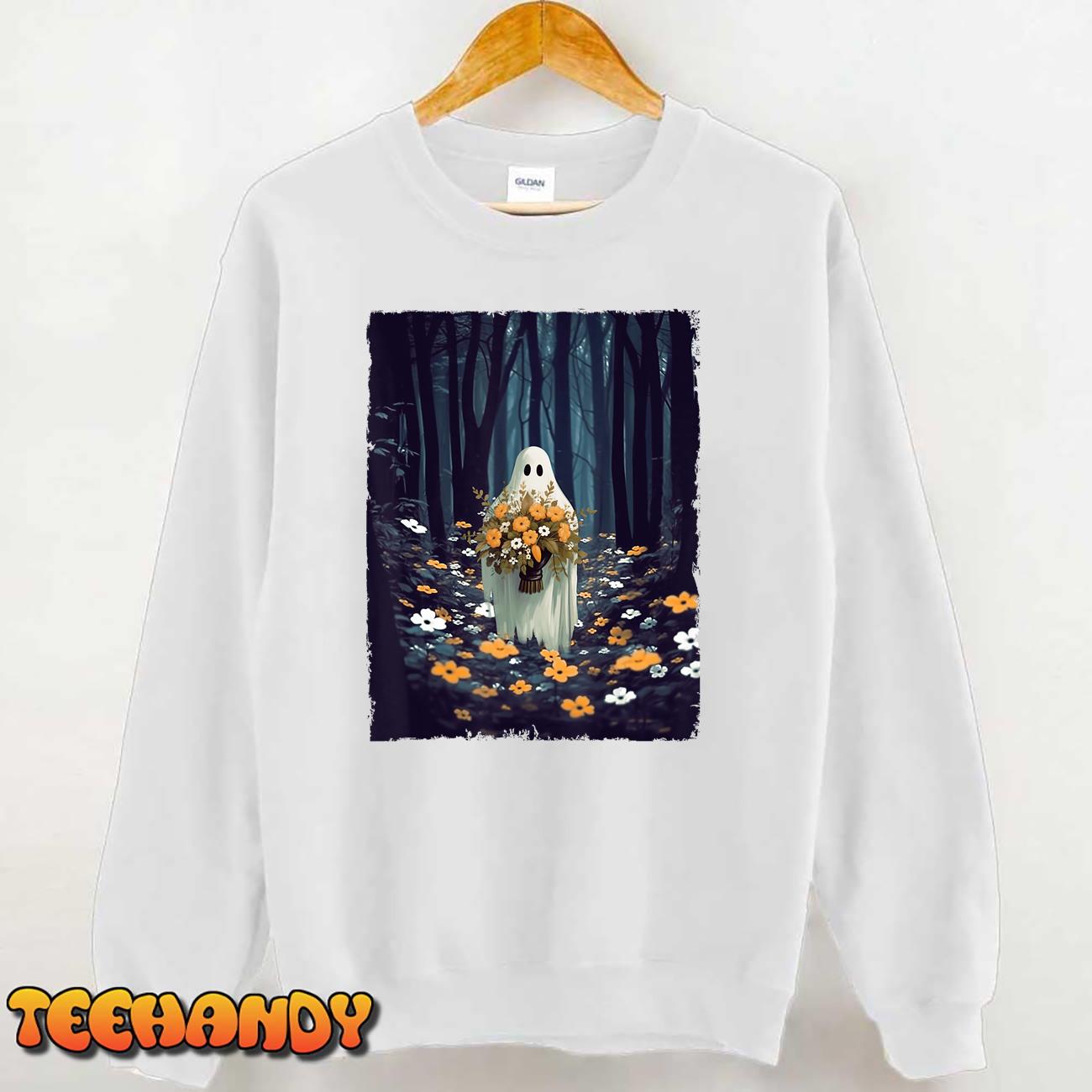 Vintage Floral Ghost In The Forest Halloween Spooky Women T-Shirt