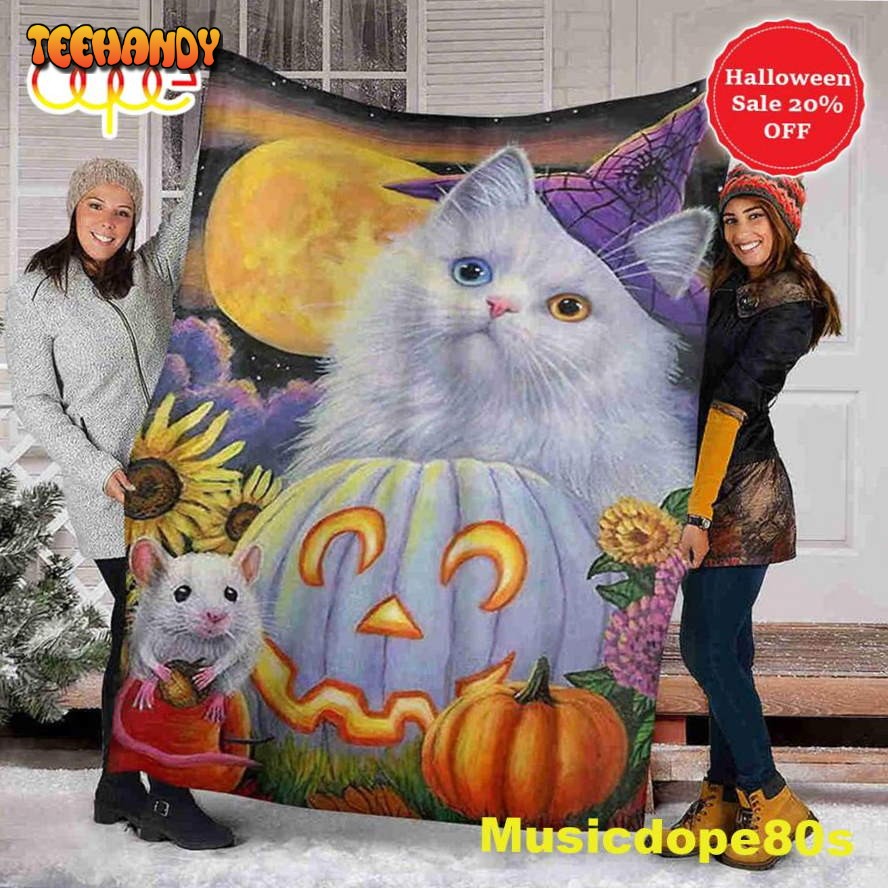 White Cat and Pumpkin Halloween Sofa Fleece Throw Blanket  Halloween Gifts