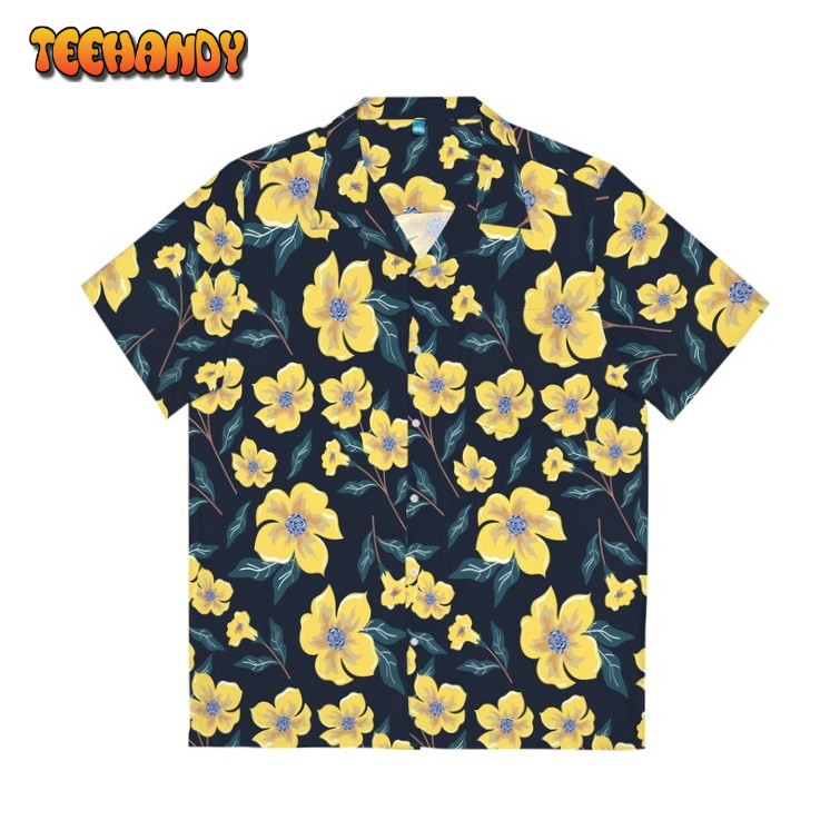 Yellow and Black Flower Hawaiian Shirt, Floral Aloha Shirt