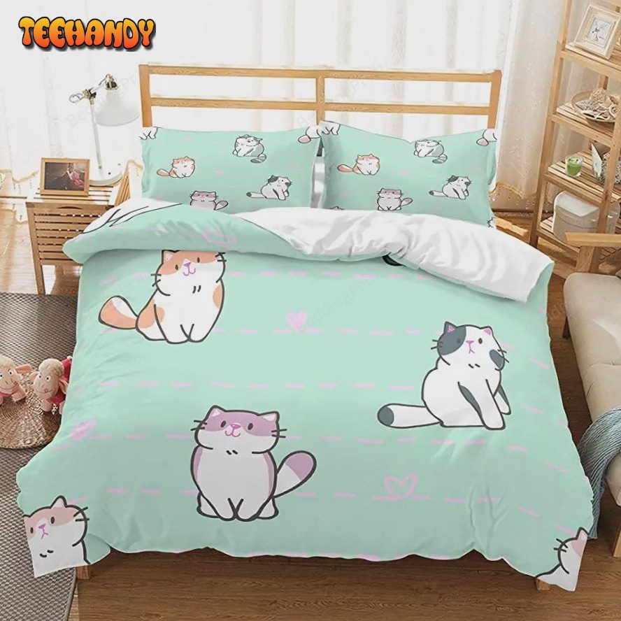 3D Kids Cats Bedding Cartoon Cats Bedspread Printed Green Duvet Cover Set