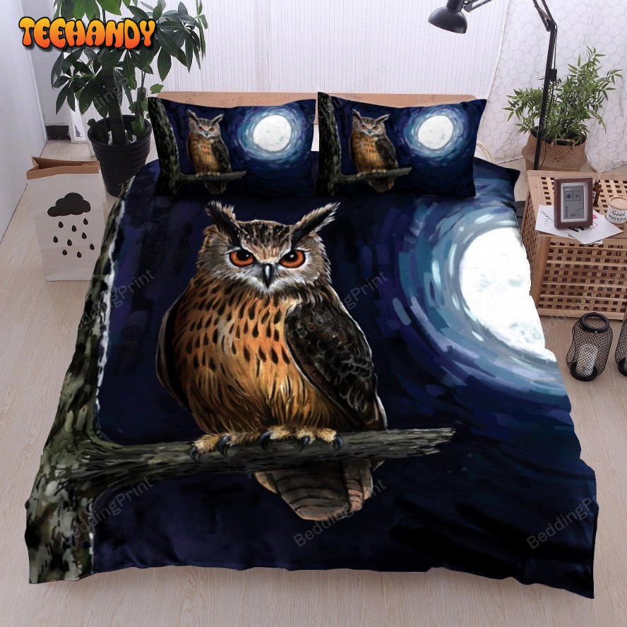 3D Owl On The Tree Branch At Night Bed Sheets Duvet Cover Bedding Sets