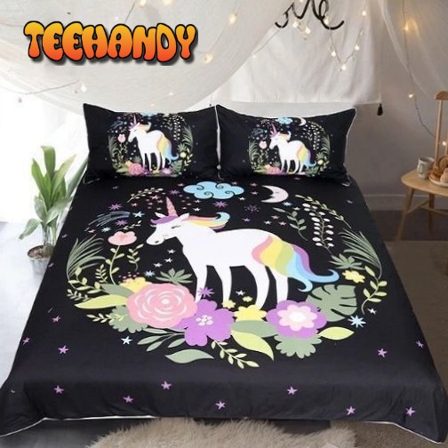 3D Unicorn Cartoon On The Flowers Circle Cotton Spread Comforter Bedding Sets