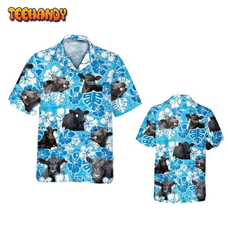 Black Angus Blue Floral Hawaiian Shirt, Cow Hawaii Aloha Hawaiian Shirt