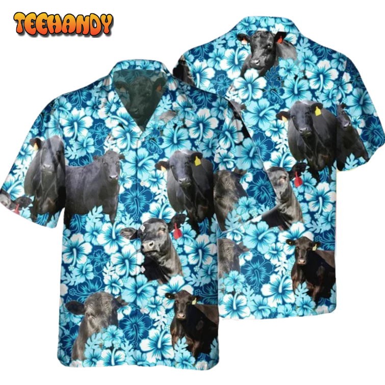 Black Angus Blue Hibiscus Flower Hawaiian Shirt, Angus Hawaiian Shirts