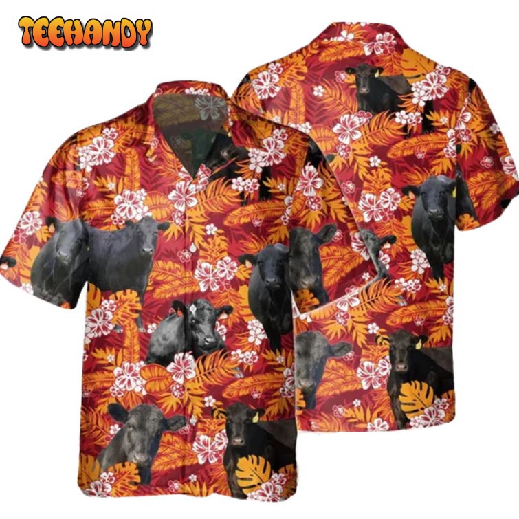 Black Angus Red Orange Floral Hawaiian Shirt, Cow Hawaiian Shirt