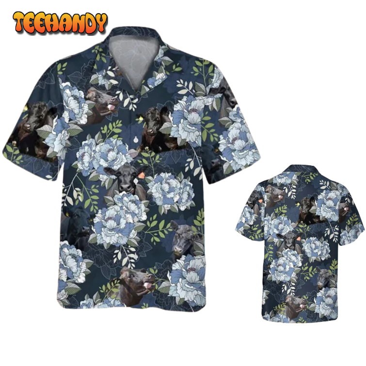 Black Bull Hawaiian Shirt, Black Angus Blue Peony Floral Hawaiian Shirt