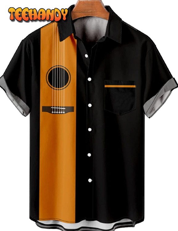 Black Retro Guitar Print Hawaiian Shirts Gift for Guitarist Classic Shirt