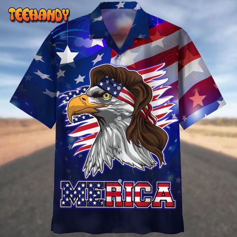 Blue Merican Hawaiian Shirt With Eagle, Independence Day Hawaii Aloha