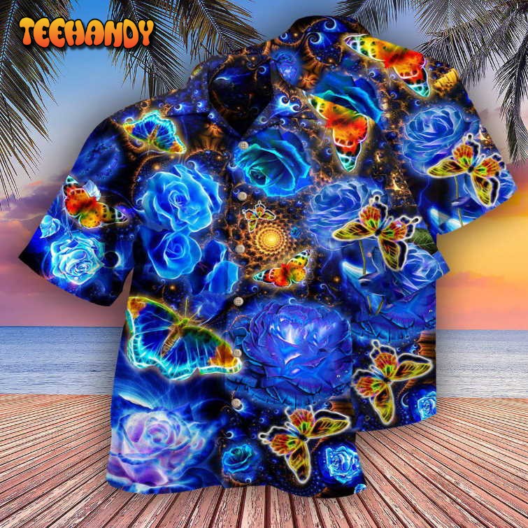 Butterfly Flower Glowing Blue Rose Hawaiian Shirt